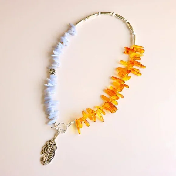 Amber & Agate Feather Pendant Necklace - Picture 5 of 10